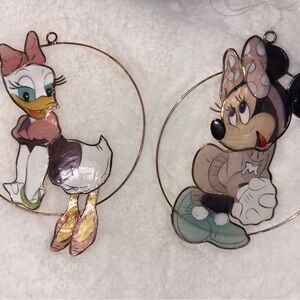Disney vintage RARE brass & hand painted shell Minnie & Daisy Hanging Ornaments